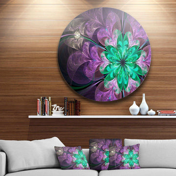 Glittering Purple Green Fractal Flower - Floral Metal Circle Wall Art